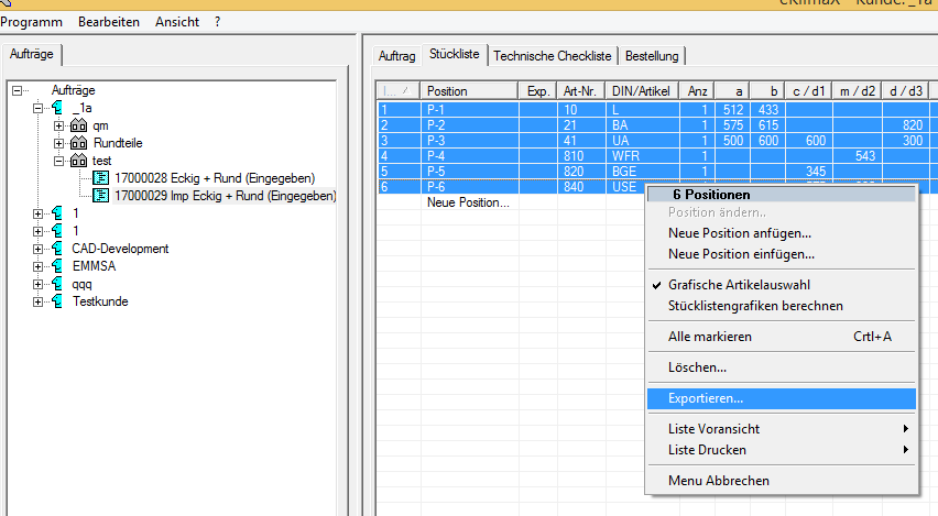 Kontextmenü Exportieren -> XML-Datei Kontextmenü Exportieren -> XML-Datei