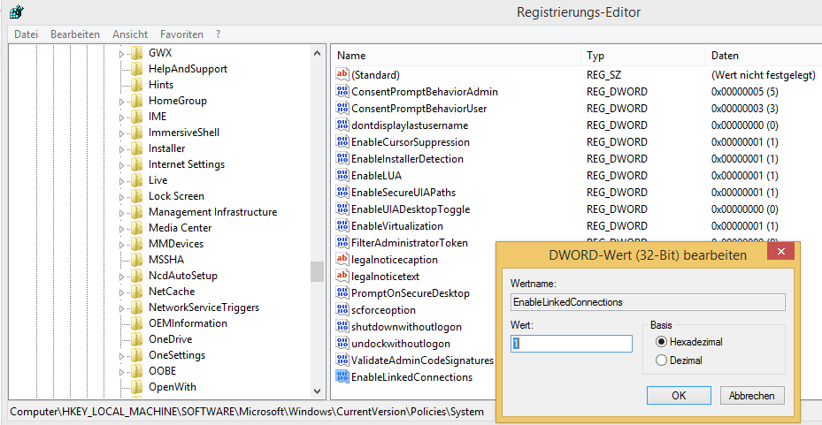 Registrierungs-Editor: EnableLinkedConnections auf Wert 1 setzen Registrierungs-Editor: EnableLinkedConnections auf Wert 1 setzen